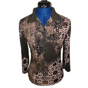 Women's Noun Abstract Mesh Henley Top with unique design -XL
